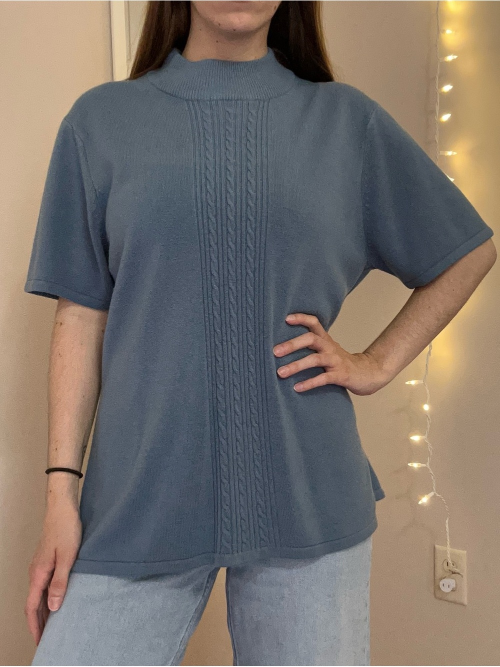 Blue Mock Neck Short Sleeve Sweater